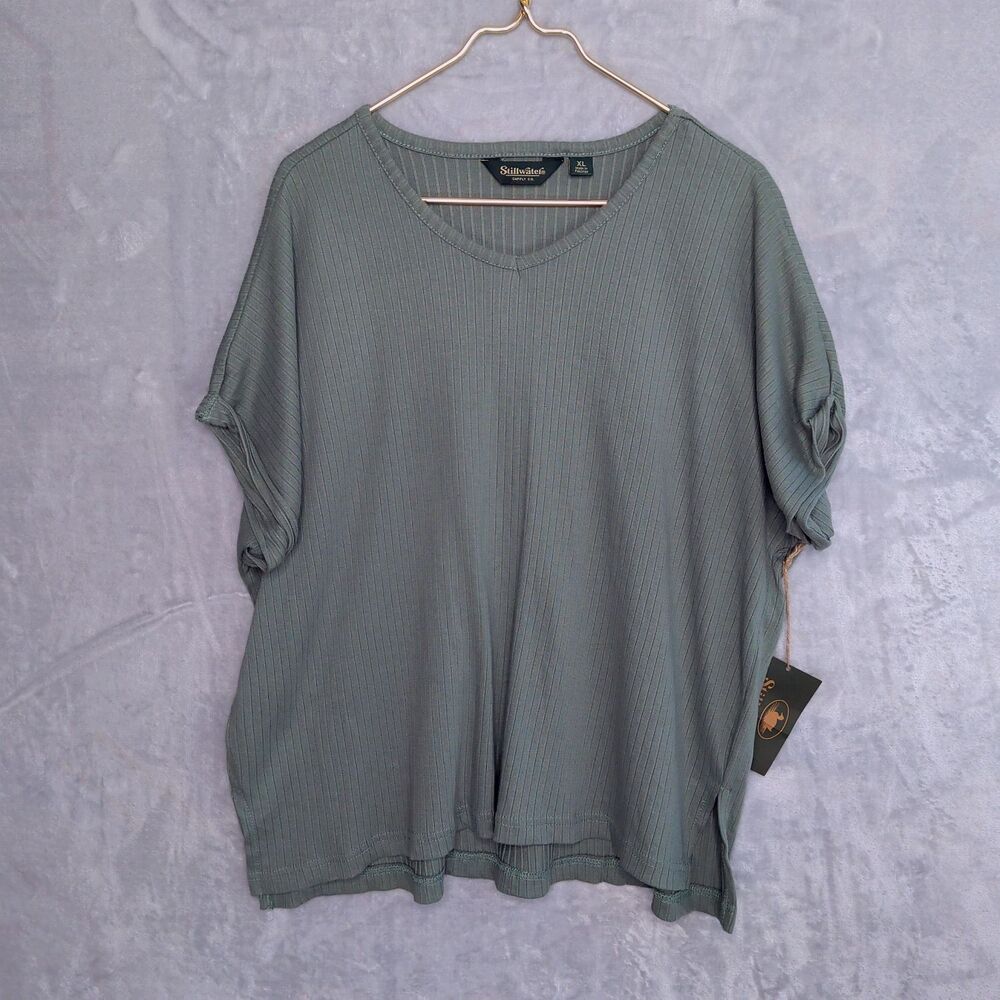 STILLWATER NWT Moss Green Ribbed V-Neck Dolman Sleeve Tee Size XL Cotton Blend